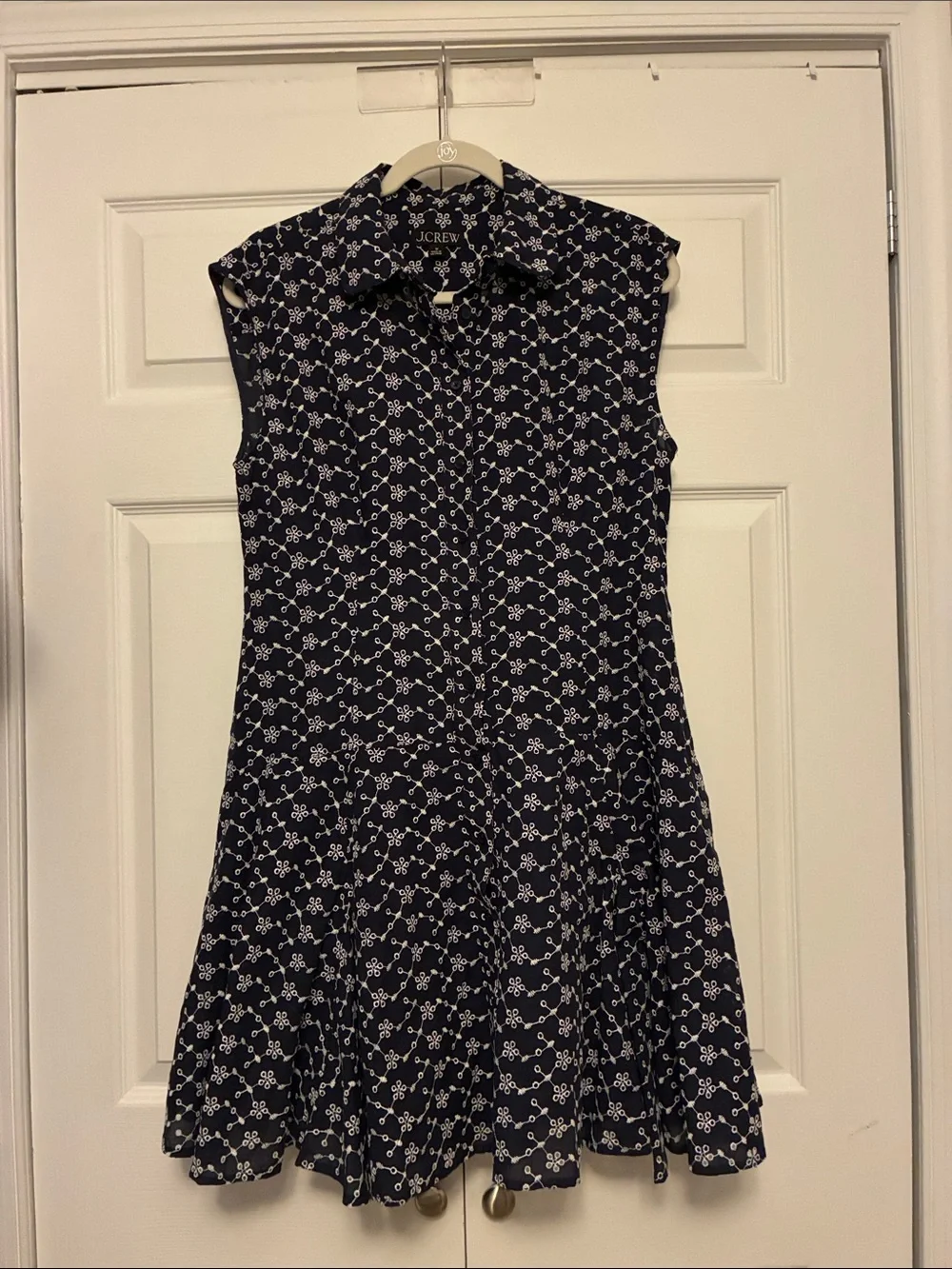 J. Crew Navy and White Sleeveless Floral-Chain Shirt Dress